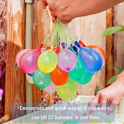 A large pile of vibrant auto tie water balloons sitting inside a water filled bucket for summer cooling games