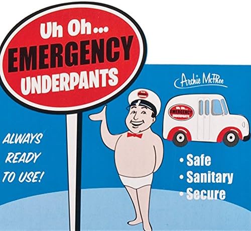 Accoutrements Emergency Underpants unisex travel tin display highlighting dimensions and novelty product details.