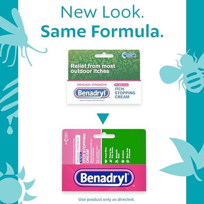 Benadryl topical analgesic cream tubes for mosquito bite and skin irritation treatment.