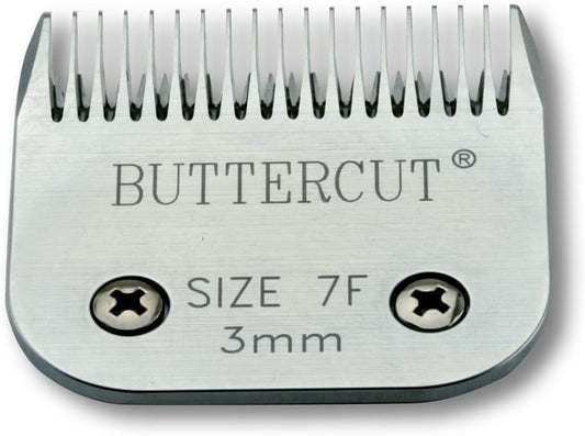 Geib Buttercut Size 7F detachable dog grooming blade showcasing the German steel construction and A5 mounting bracket.
