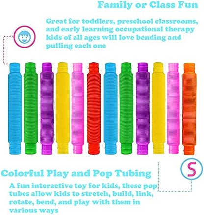 Toddler hands pulling and stretching a bright blue plastic fidget tube to demonstrate flexibility