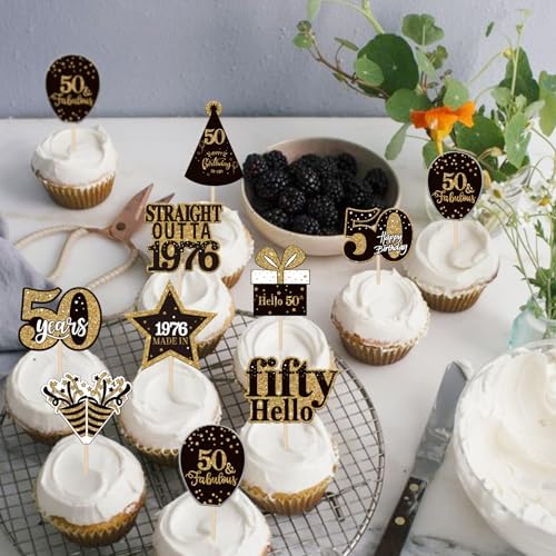 Black and gold glitter 50th anniversary cupcake topper set
