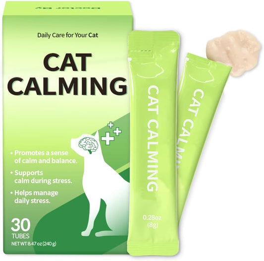 Doctor By Cat Calming Stress and Anxiety Relief Supplement packaging front view showing 30 chicken flavored tubes