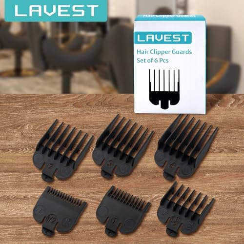 LAVEST hair clipper replacement parts spread out on a white background displaying uniform black color finish.