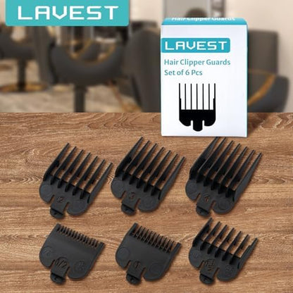 LAVEST hair clipper replacement parts spread out on a white background displaying uniform black color finish.