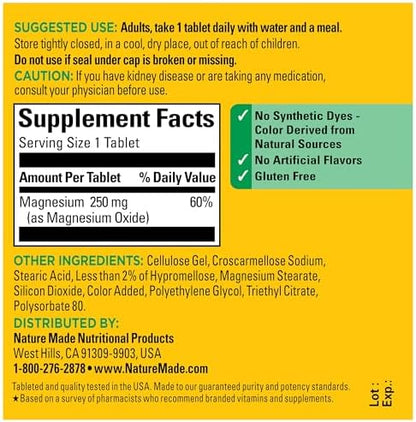 Nature Made Magnesium oxide essential mineral supplement label showing supplement facts