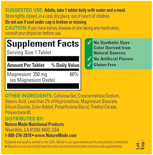 Nature Made Magnesium dietary supplement label showing ingredient and nutritional facts