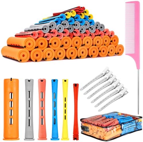 ProSuites hair perm rods set front view showing ninety multicolor plastic cold wave rollers organized with styling accessories.