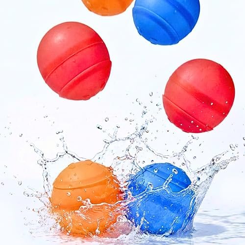 Six colorful self sealing silicone water balloons arranged neatly next to dinosaur bath toys.
