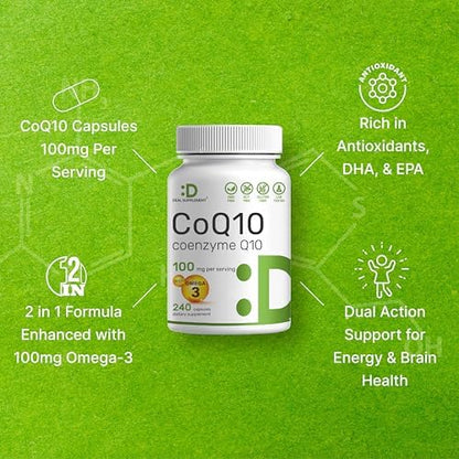 Authentic USA imported Deal Supplements CoQ10 bottle highlighting non-GMO and allergen free symbols.