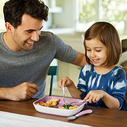 Pink and purple Munchkin toddler utensils for self-feeding
