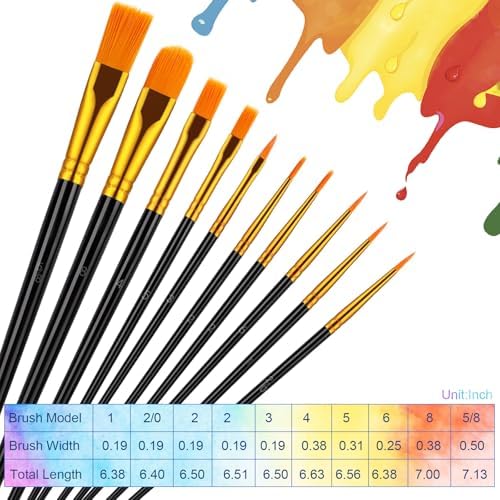 AROIC multi pack acrylic and watercolor paint brushes laid out neatly to display the ten different sizes available.
