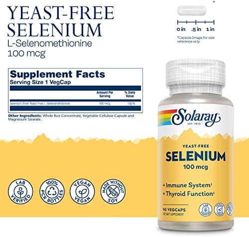 Solaray Yeast Free Selenium dietary supplement bottle showcasing ingredient facts and vegan logo.