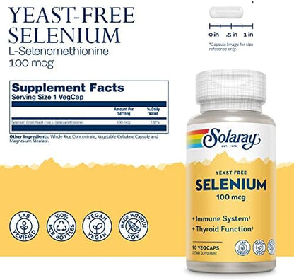 Solaray Yeast Free Selenium dietary supplement bottle showcasing ingredient facts and vegan logo.