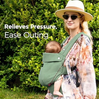 Parent wearing Sage Green Momcozy carrier hands-free