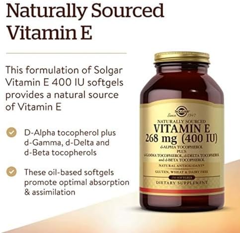 Solgar natural source vitamin E 268 milligrams capsule count and bottle size display