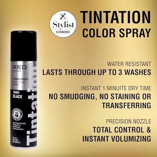 Back label of Red by Kiss Tintation black hair spray with instructions and ingredients