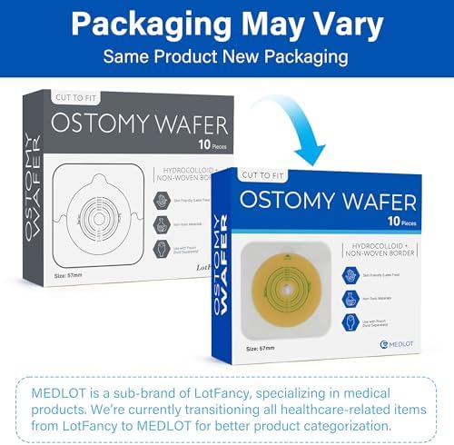 LotFancy cut to fit stoma wafer with non woven border showing measurements for colostomy care