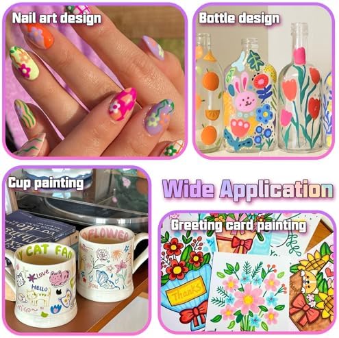 Detailed nail art designs created with Colayerist acrylic pens