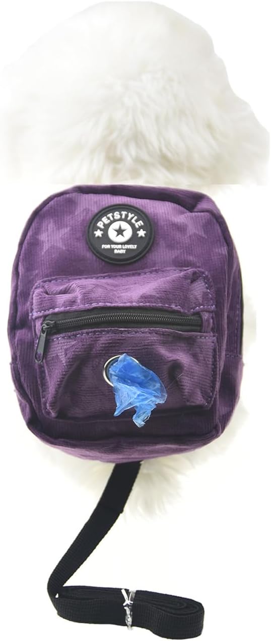 FLAdorepet dog backpack harness front view showing purple corduroy star pattern and adjustable chest straps