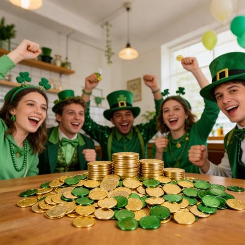 Complete 200 count bulk packaging of festive holiday leprechaun coins