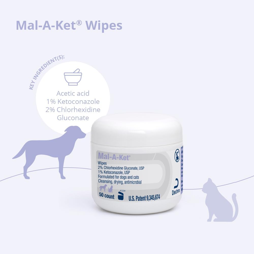 Side view of Dechra Mal-A-Ket 50 count jar showing instructions for use.