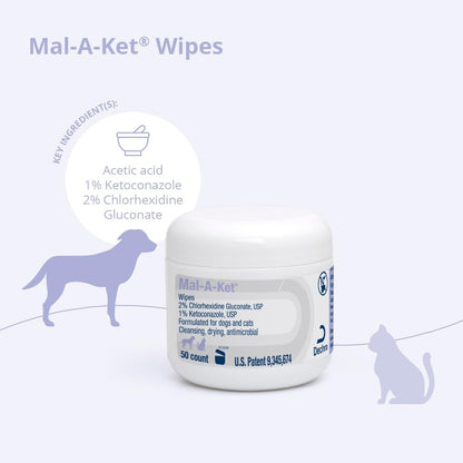 Side view of Dechra Mal-A-Ket 50 count jar showing instructions for use.