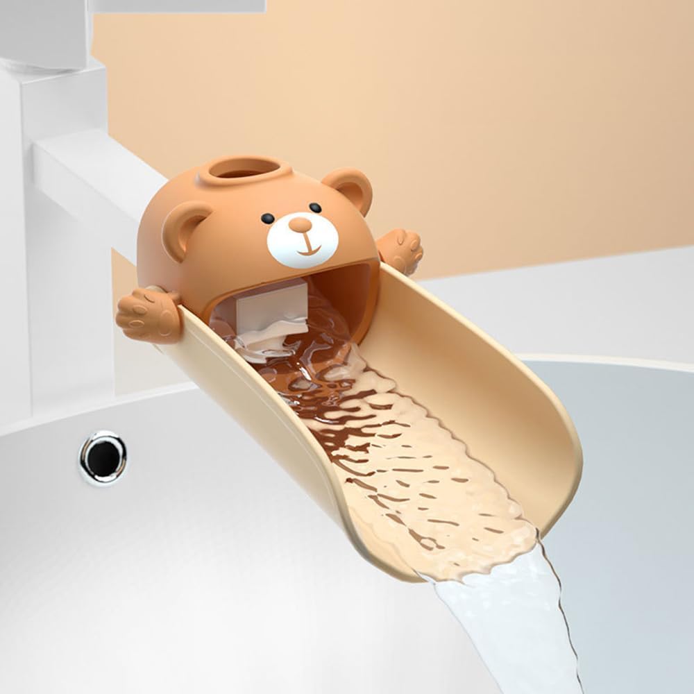 DLUCKY Faucet Extender front view on bathroom sink tap showing brown bear design.