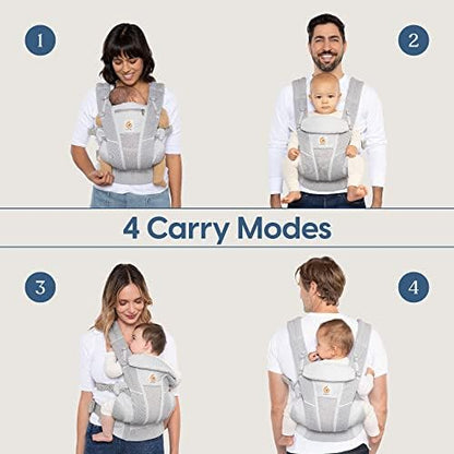 Ergobaby Omni Breeze carrier worn by parent showing lumbar support and shoulder straps