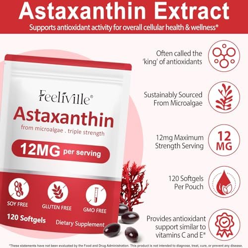 Premium 12mg astaxanthin capsules next to the product packaging showing capsule size