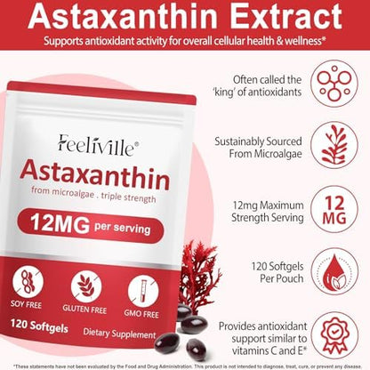 Premium 12mg astaxanthin capsules next to the product packaging showing capsule size