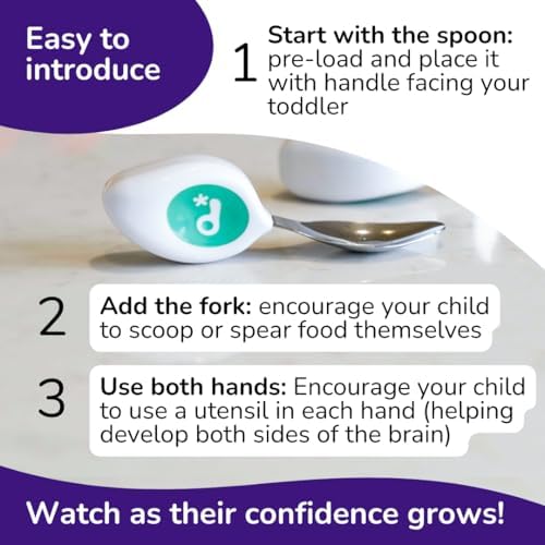 Toddler holding Doddl fork and spoon with proper pincer grip