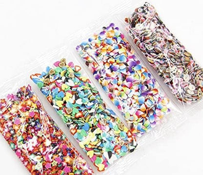 Detailed shot of miniature fimo embellishments arranged on acrylic nails for a vibrant summer manicure look.
