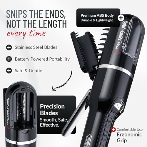 Authentic USA imported styling tool for split ends being used on a sectioned strand of straight hair.