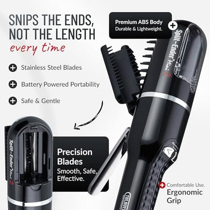 Authentic USA imported styling tool for split ends being used on a sectioned strand of straight hair.