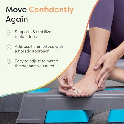 Cushioned toe splint for broken toes applied to middle toes for stabilization.