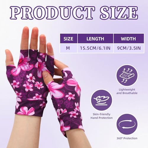 Three pairs of fingerless hand covers for elderly skin protection in different colors.