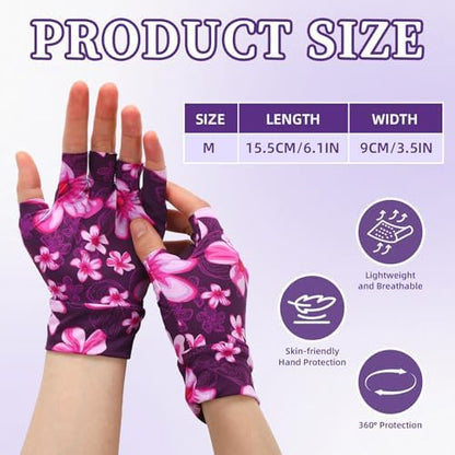 Three pairs of fingerless hand covers for elderly skin protection in different colors.