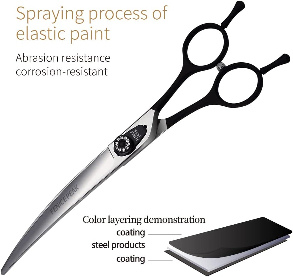 Fenice Peak non slip black handle dog thinning scissors for coat texturizing.