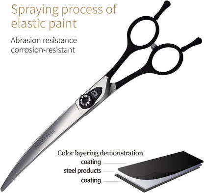 Fenice Peak non slip black handle dog thinning scissors for coat texturizing.