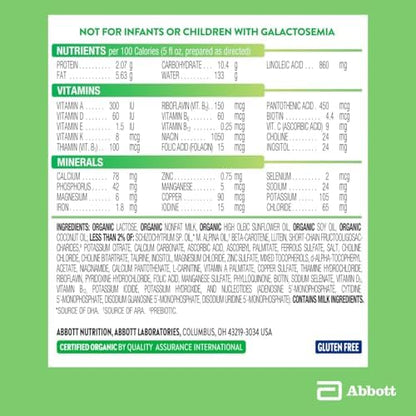 Side view of Similac Pure Bliss formula packaging detailing the ingredient list and nutritional information chart.