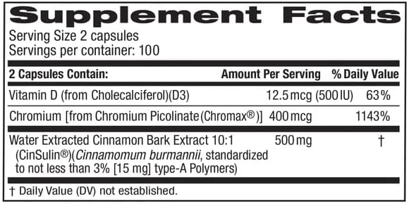 Advanced strength cinsulin capsule container showing clean ingredient nutrition facts