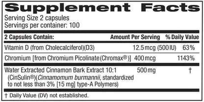 Advanced strength cinsulin capsule container showing clean ingredient nutrition facts