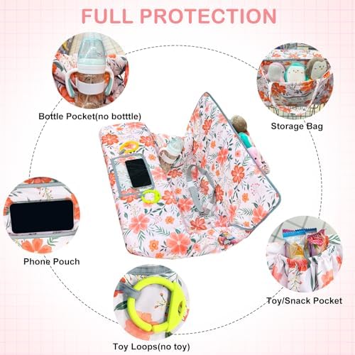 Close up view of the clear smartphone pouch and bottle strap on the baby grocery cart cover