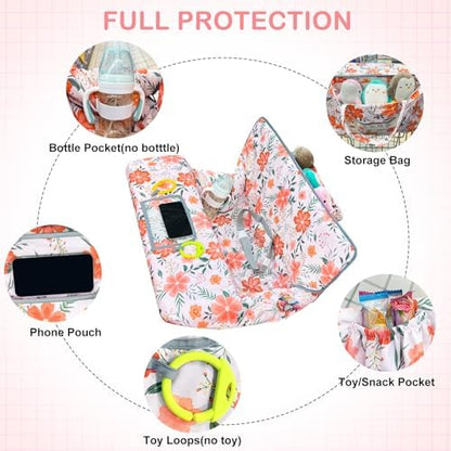 Close up view of the clear smartphone pouch and bottle strap on the baby grocery cart cover