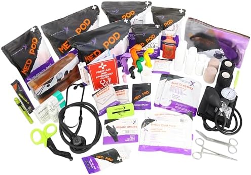 Fully stocked LXMB25 trauma bag with 240 pieces of medical supplies displayed.