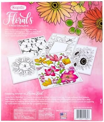 Crayola floral coloring book placed flat alongside fine line markers to show scale and usage