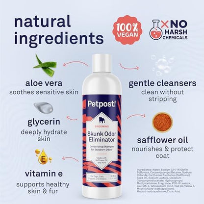 Applying Petpost skunk odor remover on a dog's coat