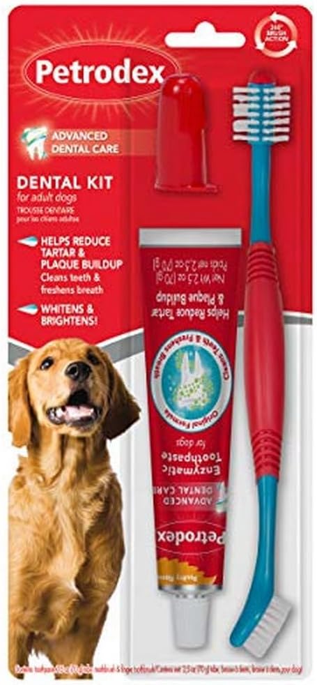 Close up of Petrodex dog dental cleaning set components