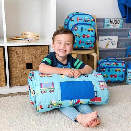 Wildkin toddler nap mat showing roll-up design and carrying handle